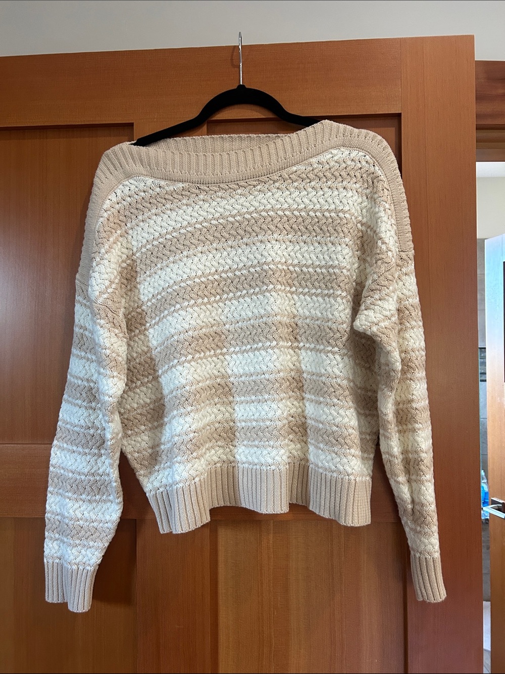 Striped Cream & Tan Scoop Neck Knit Sweater - Women